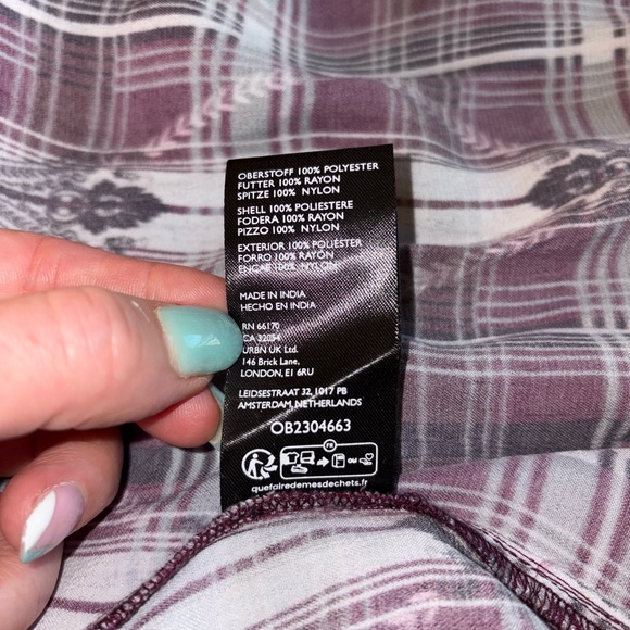 Anthropologie Purple Plaid Lace Trim Midi Dress Medium V Neck Tiered Boho - Picture 6 of 6